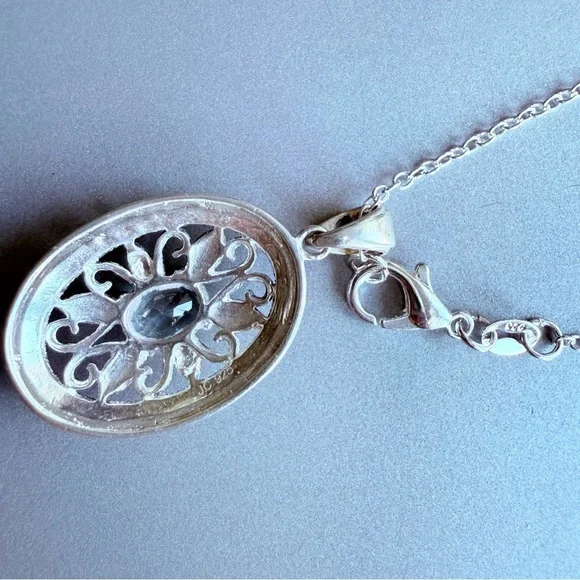 Natural Blue Topaz & Marcasite Oval Sterling Silver Pendant Necklace JC …